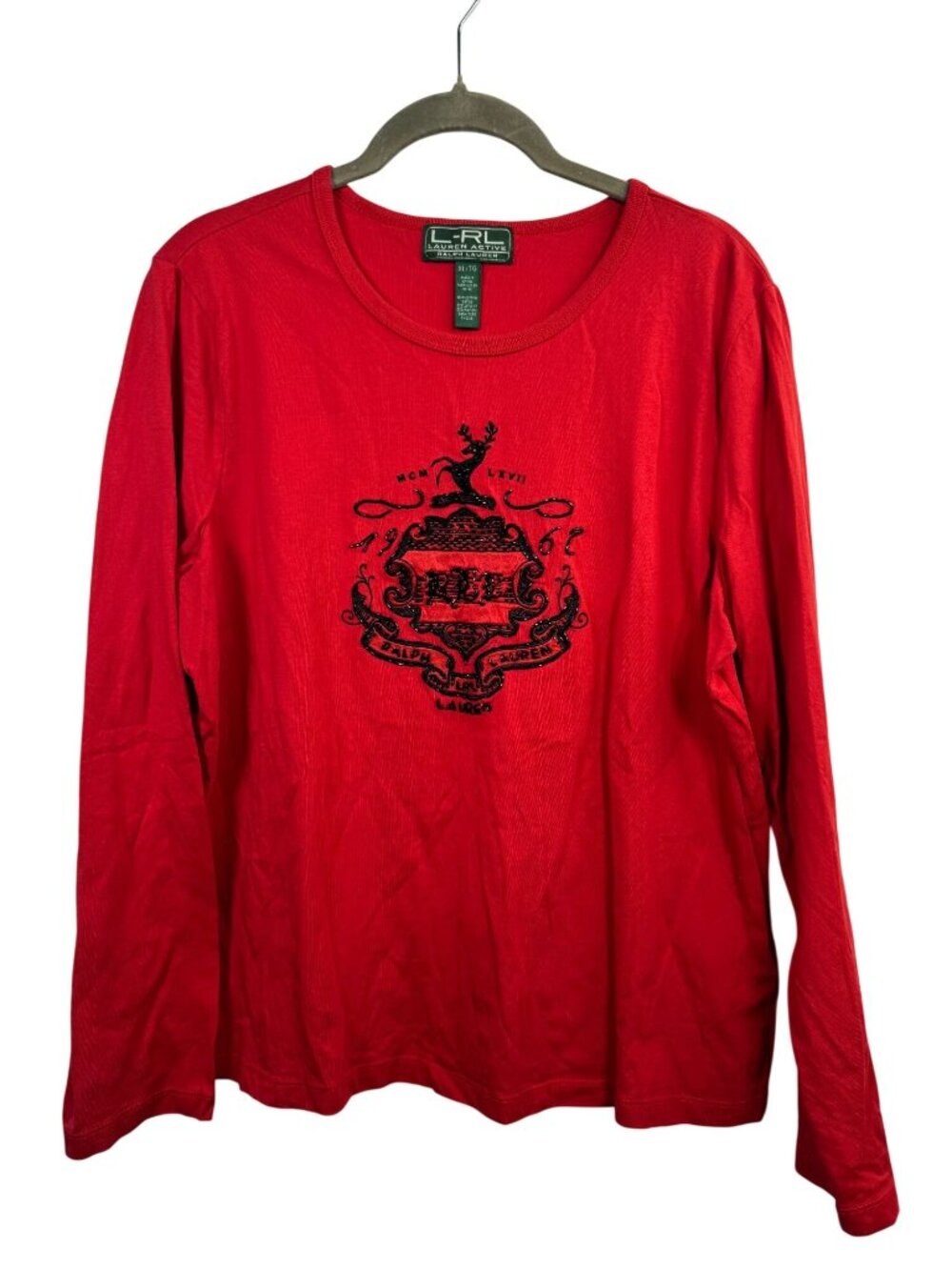 Lauren Ralph Lauren Red Long Sleeve Embroidered Beaded Crest Top Womens XL